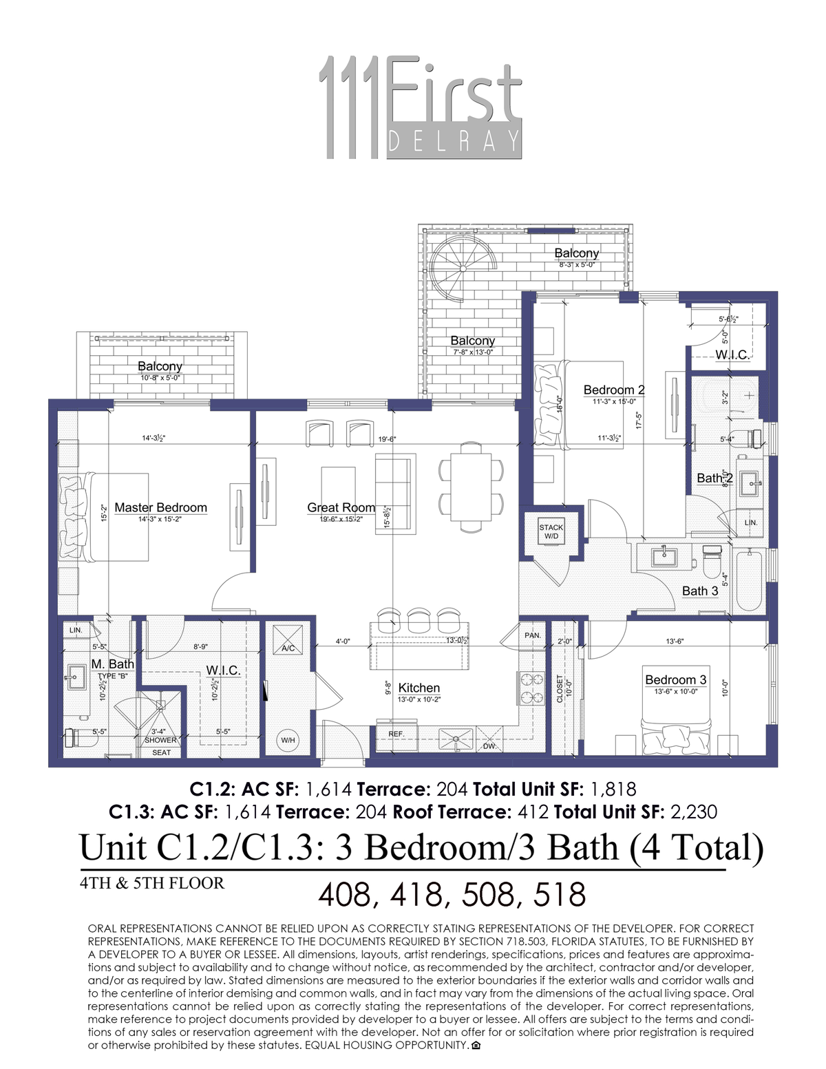 111 First Delray Unit C1.2 C1.3 Three Bedroom Three Bath Floor Plan